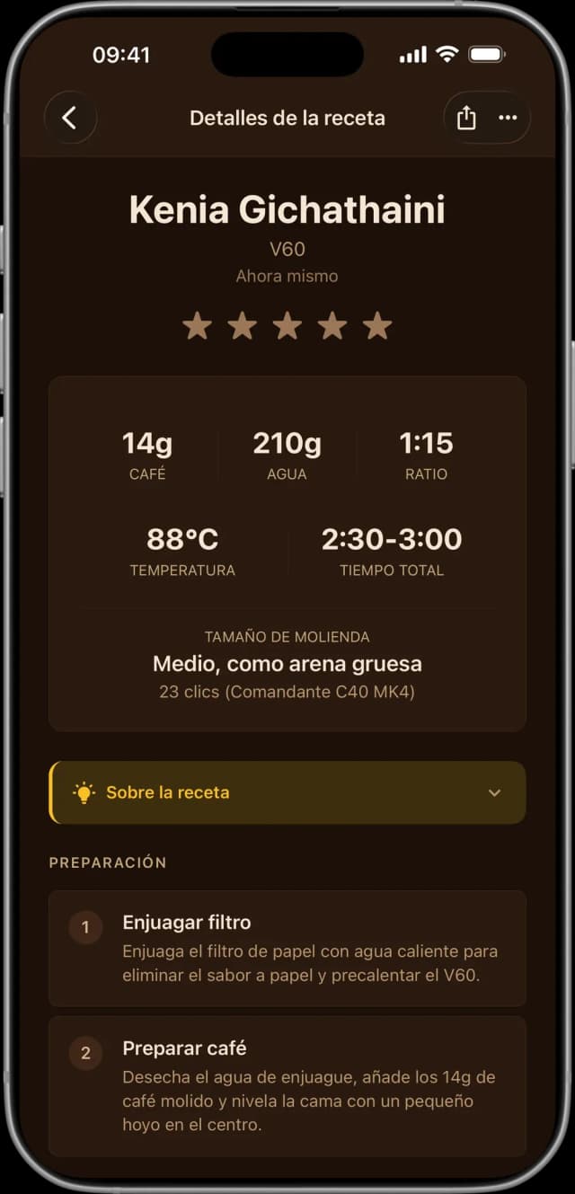 App Coffee Master mostrando una receta base para Kenia Gichathaini en V60 con clicks de molienda, temperatura y tiempos