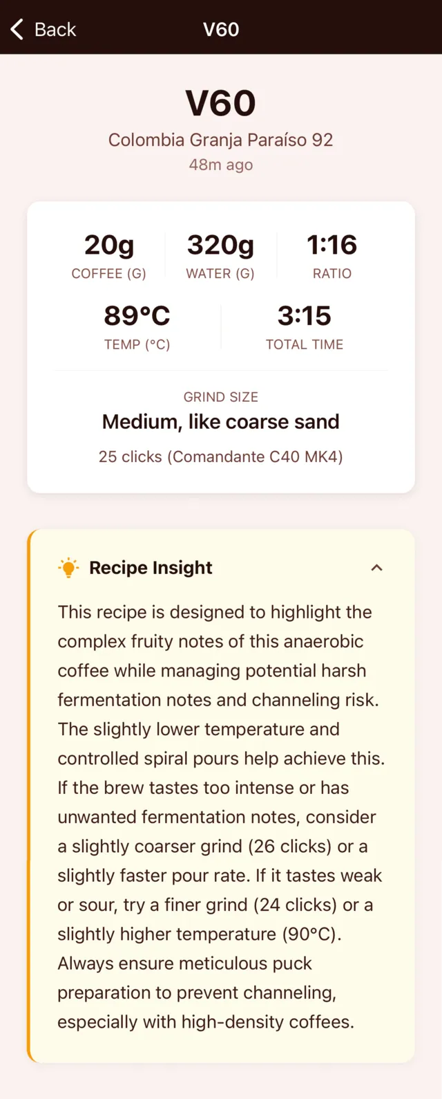 Coffee Master app showing a V60 recipe with brewing parameters