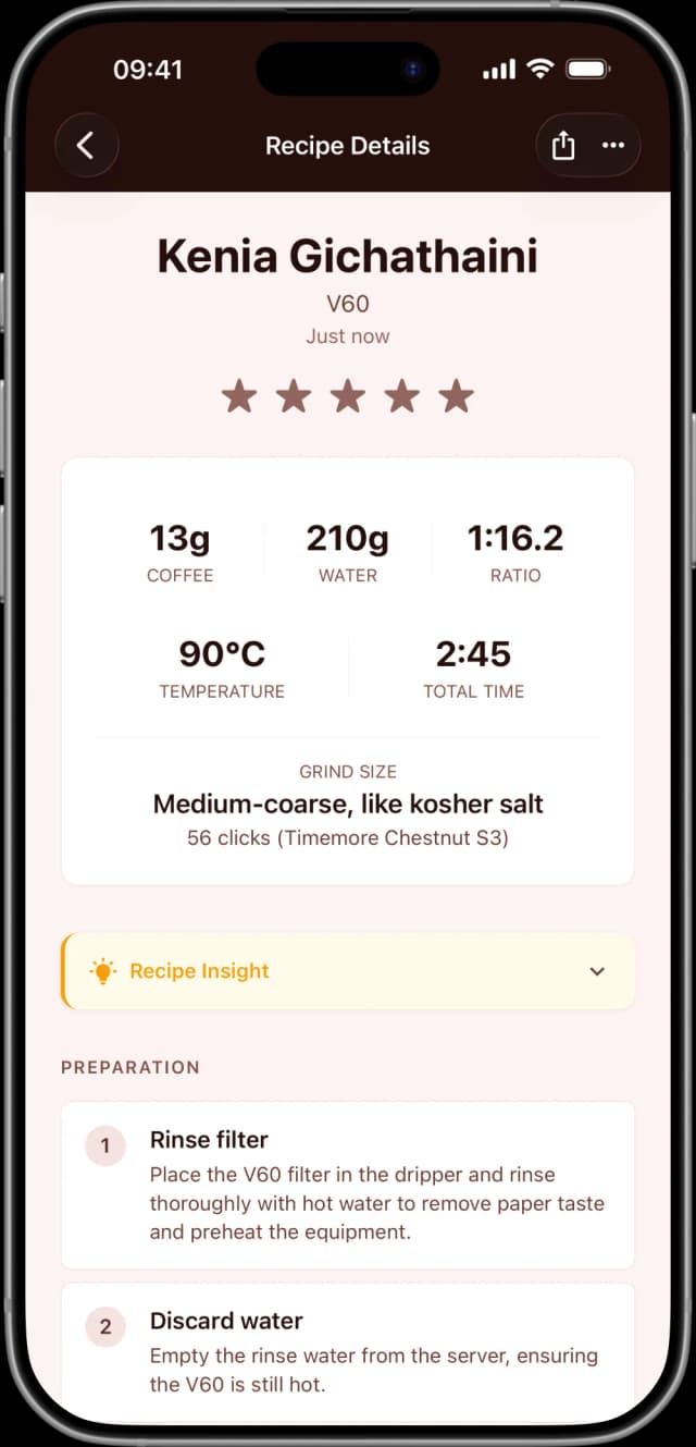 CoffeeMaster app showing a personalized V60 recipe for Kenia Gichathaini with brew parameters, grind size, and step-by-step preparation